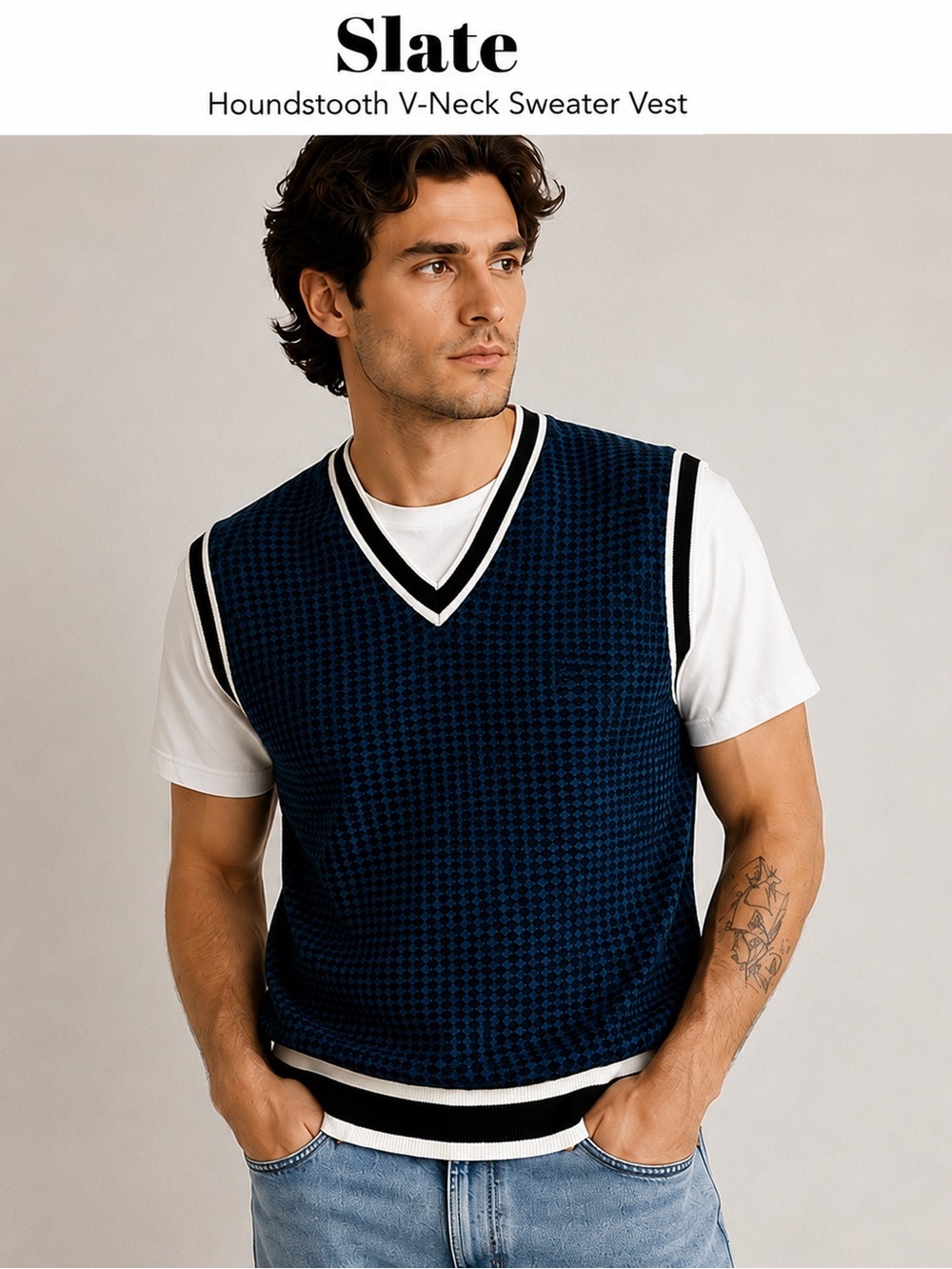 Slate Men’s Houndstooth Sweater Vest Size 4 Fits 4XL Blue V-Neck Preppy